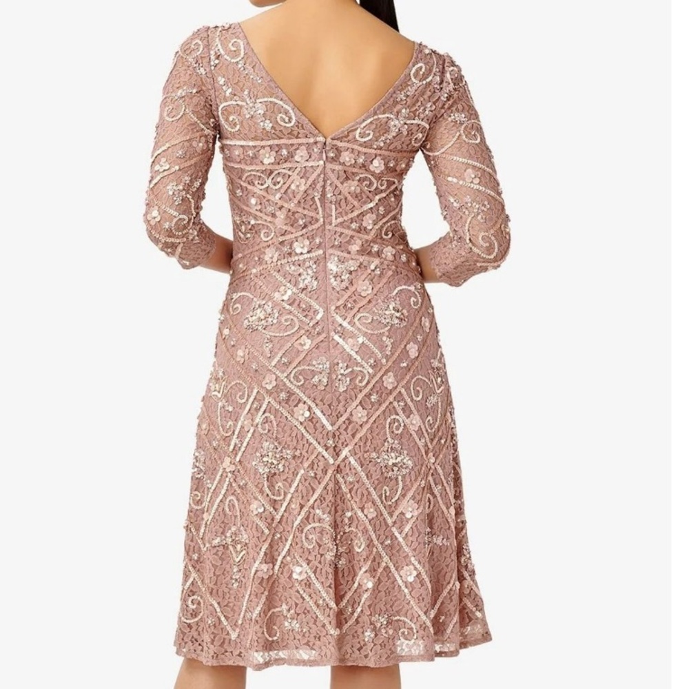 Adrianna Papell Boat Neck 3/4 Sleeves Back Zipper Midi Beaded Dress-ROSE… - Picture 3 of 11